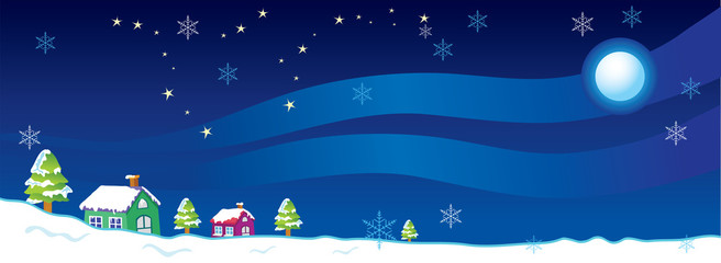 Obraz na płótnie Canvas Vector illustration houses, trees in winter at night.