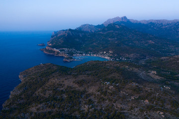 Soller Port at Sunset, Mallorca. Beautiful Drone View from above. 