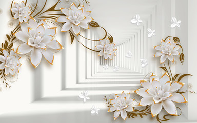 3d mural illustration background with golden jewelry and flowers , circles  decorative wallpaper