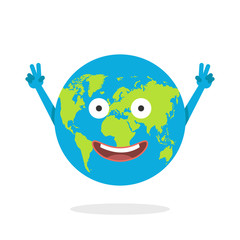 Cartoon earth character. World map globe with smiley face and hands. Vector illustration.