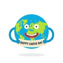 Cartoon earth character. World map globe with smiley face and hands. Vector illustration.