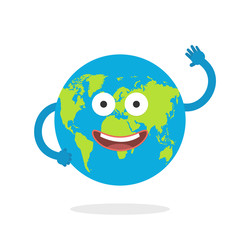 Cartoon earth character. World map globe with smiley face and hands. Vector illustration.