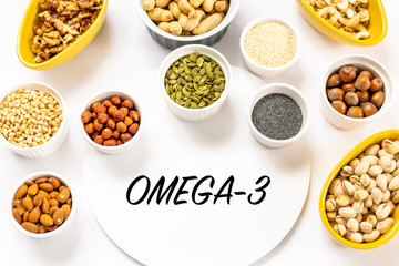 Top View of Variety of Nuts and Seeds on the White Background with Omega-3 Text Copy