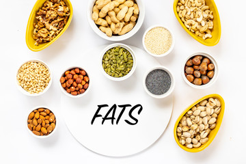Top View of Variety of Nuts and Seeds on the White Background with Fats Text Copy