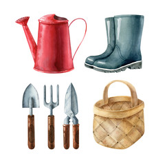 Collection of garden equipment. Red watering can, blue rubber boots, garden tools and vintage empty birchbark basket isolated on white background. Watercolor illustration, hand made clipart.