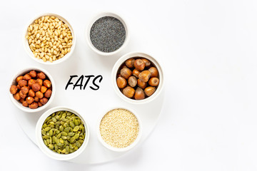 Top View of Variety of Nuts and Seeds on the White Background with Fats Text Copy