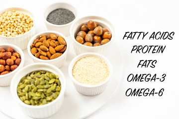 Top View of Variety of Nuts and Seeds on the White Background with Fatty Acids, Protein, Fats, Omega-3, Omega-6 Text Copy