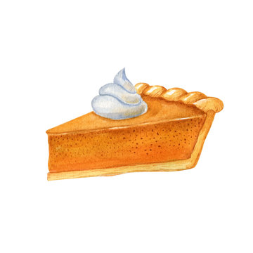 Piece of american pumpkin pie isolated on white background. Watercolor hand drawn illustration. Food clipart.