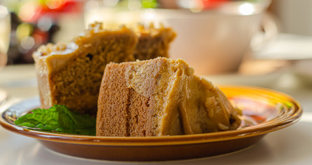 Coffee cake layered with coffee buttercream and walnuts, Colombian coffee and walnut cake