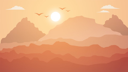 sunset, sunrise, landscape background, moon, sun, mountains,  nature, birds