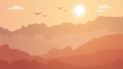 sunset, sunrise, landscape background, moon, sun, mountains,  nature, birds