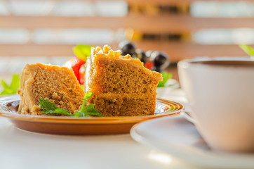 Coffee cake layered with coffee buttercream and walnuts, Colombian coffee and walnut cake