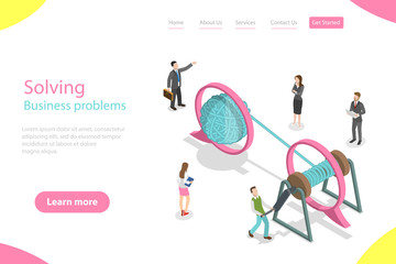 Isometric flat vector landing page template of soloving business problem, simple solution, tangle tangled and unraveled.