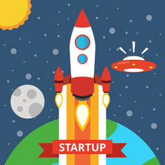 Rocket launch over the earth. Startup concept. Project development. Flat vector illustration.