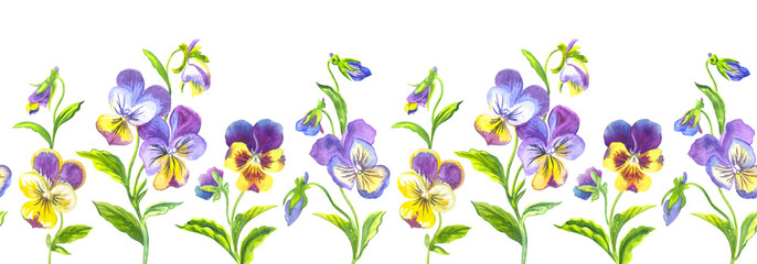 Seamless border of pansies on a white background, watercolor illustration, print for fabric and other designs.