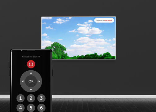 Smart 4k TV Mock-Up With Smart Remote Mobile Phone 3D Render