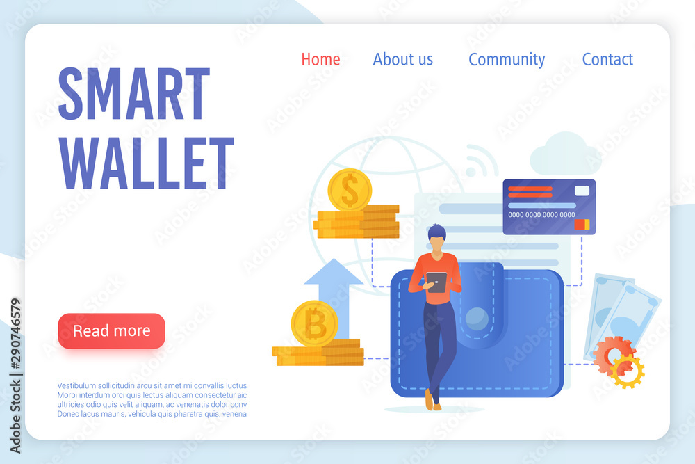 Poster smart wallet flat vector landing page template. cryptocurrency withdraw, e payment website homepage 