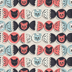 spooky cat candy seamless vector pattern