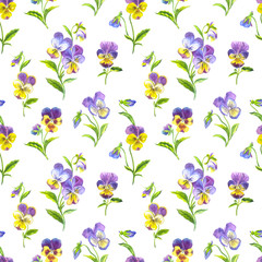 Seamless pattern of pansies on a white background, watercolor illustration, print for fabric and other designs.