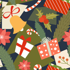 Obraz premium Colorful modern abstract christmas pattern with various traditional decorative elements and symbols. Vector seamless texture.