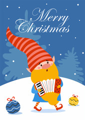 Naklejka premium Merry Christmas. Fun holiday card of cute gnome musician. Vector illustration. Can be used for banner, poster, greeting card, postcard and print.