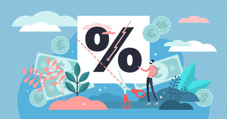 Rate cut vector illustration. Flat tiny price reduction sale person concept