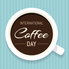 Illustration for International Coffee Day with cup of coffee on striped background
