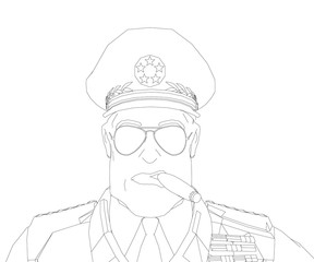 Contour of a general in a cap with epaulettes and a cigar. Portrait of a general. Front view. Vector illustration.