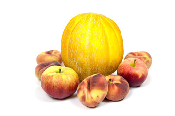 Melon Ethiopian peaches apples isolated on white background. Raw organic fruit. Useful product