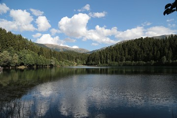 Fototapeta na wymiar Mountain forest lake reflection landscape. Savsat/ Artvin 