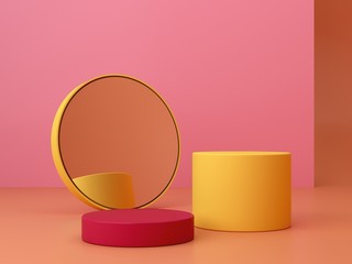 Pink coral and yellow shapes on a coral abstract background. Minimal geometric podium. Scene with geometrical forms. Empty showcase for cosmetic product presentation. Fashion magazine. 3d render. 