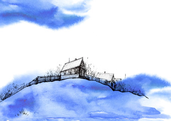  Silhouettes the village,  trees, pine, spruce.Watercolor logo, postcard. Watercolor background, blot, blob, splash of black, blue, paint.  Country landscape of mascara.