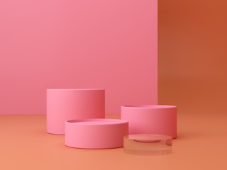 Pink coral and yellow shapes on a coral abstract background. Minimal geometric podium. Scene with geometrical forms. Empty showcase for cosmetic product presentation. Fashion magazine. 3d render. 