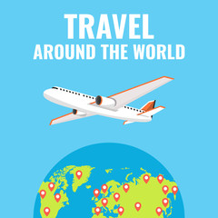 Airplane flying above the earth. Around the world travelling concept. Flat cartoon style. Vector illustration.