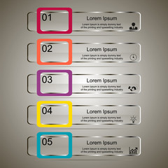 Business data visualization, infographics. Scheme of the process of elements with the help of graphics, diagrams rectangles transparent in five stages, numbers, icons, for text, variants, parts. Busin