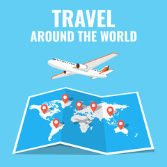 Airplane flying above the world map. Around the world travelling concept. Flat cartoon style. Vector illustration.