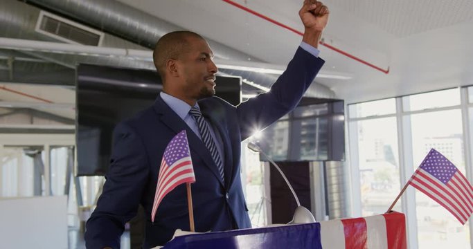 Victorious male speaker at political convention
