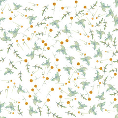 Fototapeta premium Seamless pattern with wildflowers and leaves on white background. Floral pattern for Wallpaper or fabric. Watercolor illustration. Element of packaging design, invitations, cards, etc