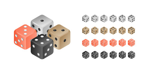 Vector 3D dice. Set of four different color casino dices: white, black, red and brown (wooden). Vector game dices, isolated on white background.