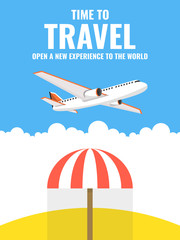 Airplane flying above the beach and umbrella. Around the world travelling banner. Vector illustration.