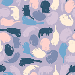 Seamless pattern with cats in different poses in a naive style. Vector illustration