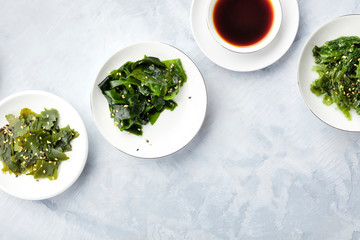 Various seaweed, sea vegetables, shot from the top with copy space. Superfoods background or a recipe design template