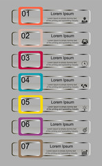 Business data visualization, infographics. Scheme of the process of elements with the help of graphics, diagrams rectangles transparent in seven stages, numbers, icons, for text, variants, parts. Busi