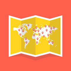 World travel map. Travel pin location on a global map. Vector illustration.