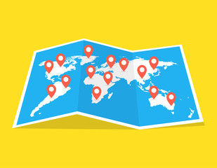 Fototapeta na wymiar World travel map. Travel pin location on a global map. Vector illustration.