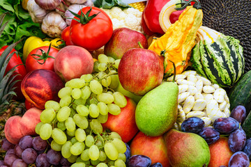 Healthy eating concept - various organic products exposition of fresh vegetables and fruits (full frame background)