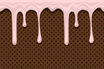 Dripping pink ice cream flowing over chocolate or brown waffle texture background. Cafe menu, food packaging design.