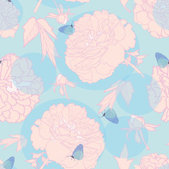 Elegant realistic festive peony botanical pattern, peony blossom in pastel tones with butterfly and circle. All over print. Perfect for wallpaper, stationary, event, wedding, fashion. Elegant florals.