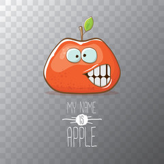vector funny cartoon cute red apple character isolated on transparent background. My name is apple vector concept. super funky fruit food character
