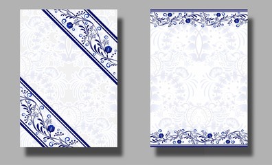 Collection of vertical wedding invitation cards with blue flower ornament. Ethnic style of painting on porcelain. Design for wedding ceremony. Can be used for cosmetics, 